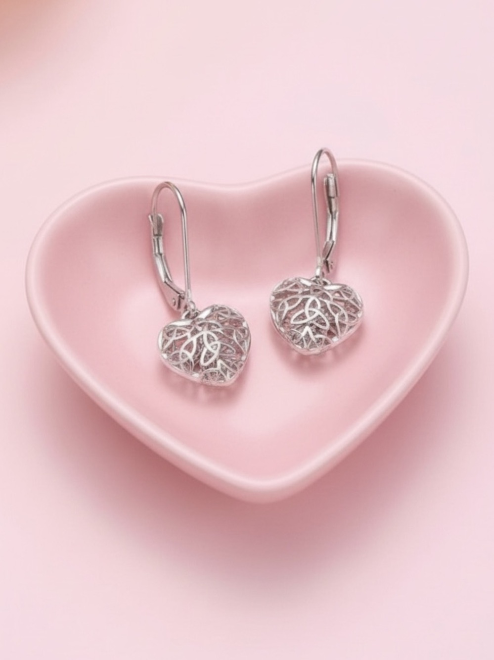 S925 Sterling Silver Filagree Heart Drop Earrings. New.